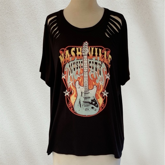 Homegirl Society Tops - Homegirl Society Nashville Music City Flaming Guitar Black T-Shirt ~ Women’s 1X